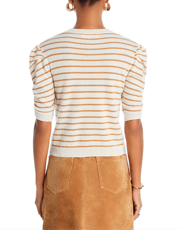 FRAME Ruched Sleeve Cashmere Sweater Camel Stripe