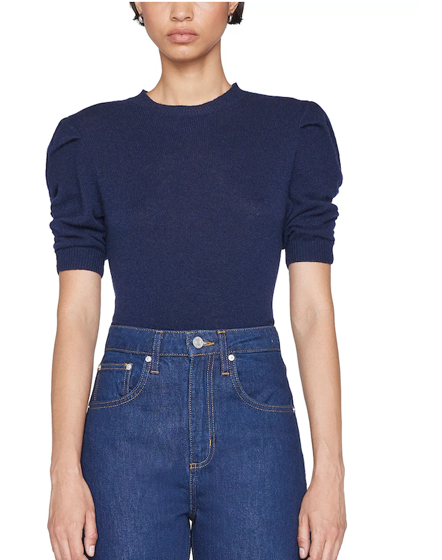 FRAME Ruched Sleeve Cashmere Sweater Navy