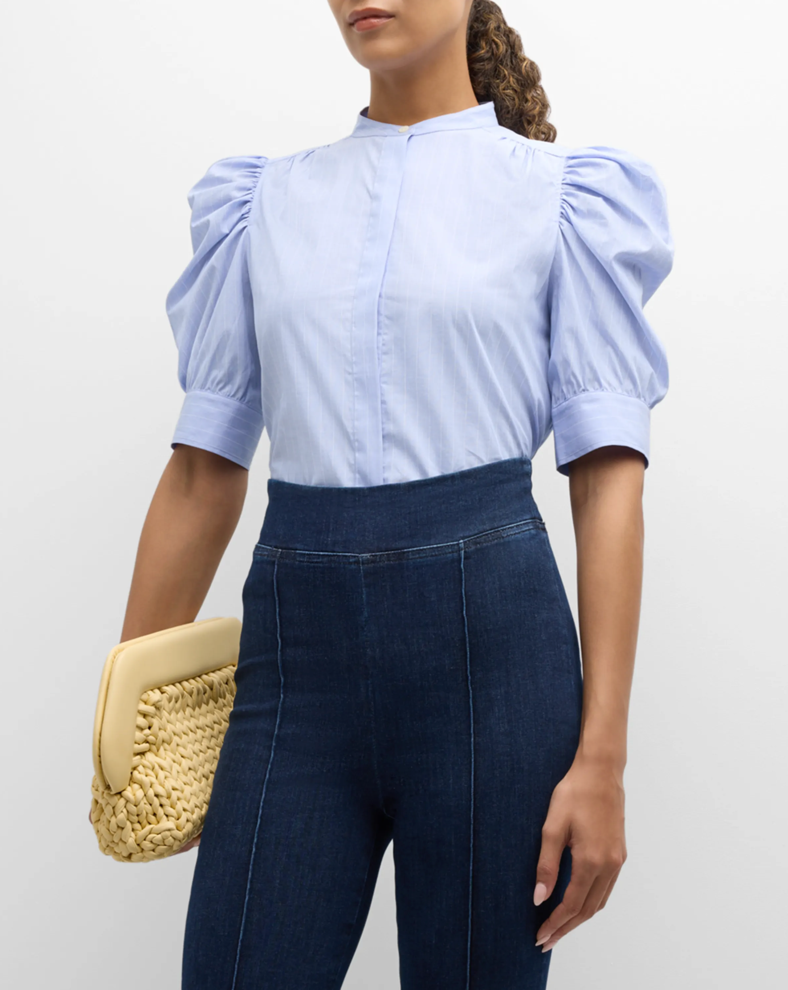 FRAME Ruched Puff Sleeve Shirt Chambray