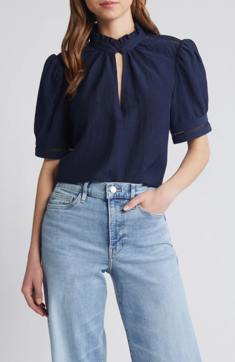 FRAME Ruffle Collar Inset Lace Top Navy
