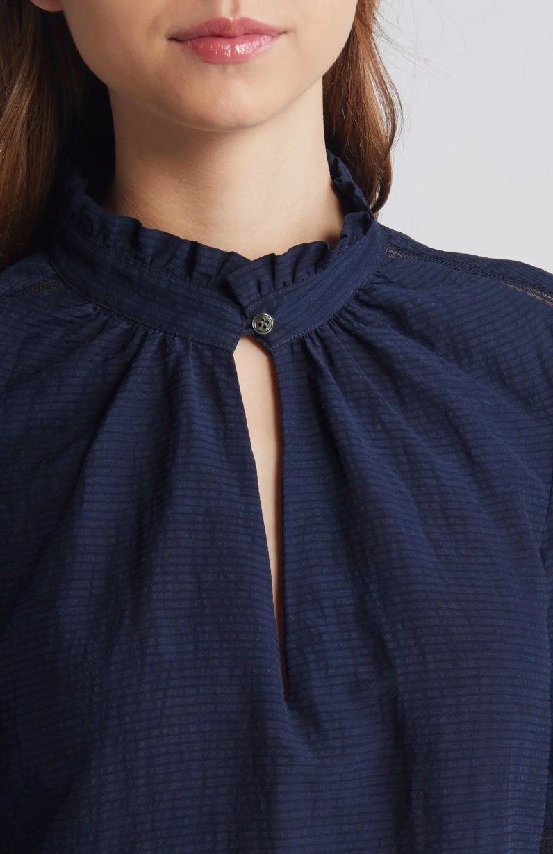 FRAME Ruffle Collar Inset Lace Top Navy