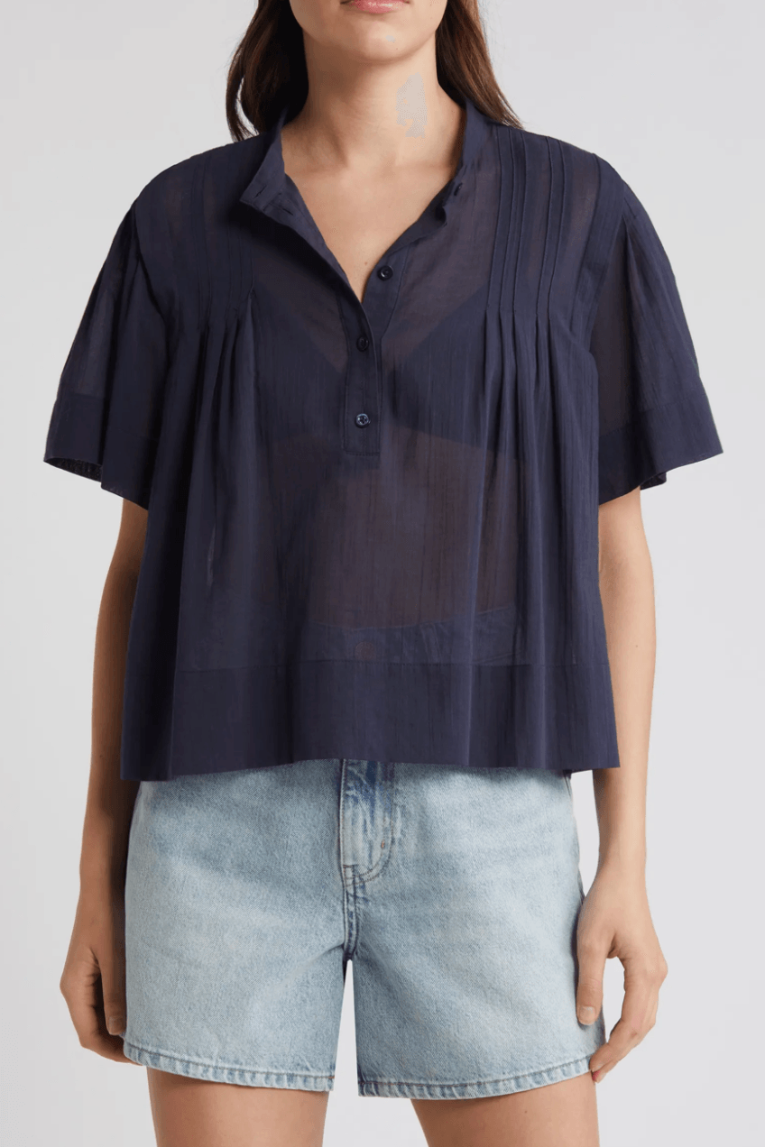 FRAME Pleated Button Up Blouse Navy