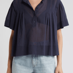 FRAME Pleated Button Up Blouse Navy