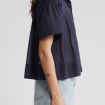 FRAME Pleated Button Up Blouse Navy