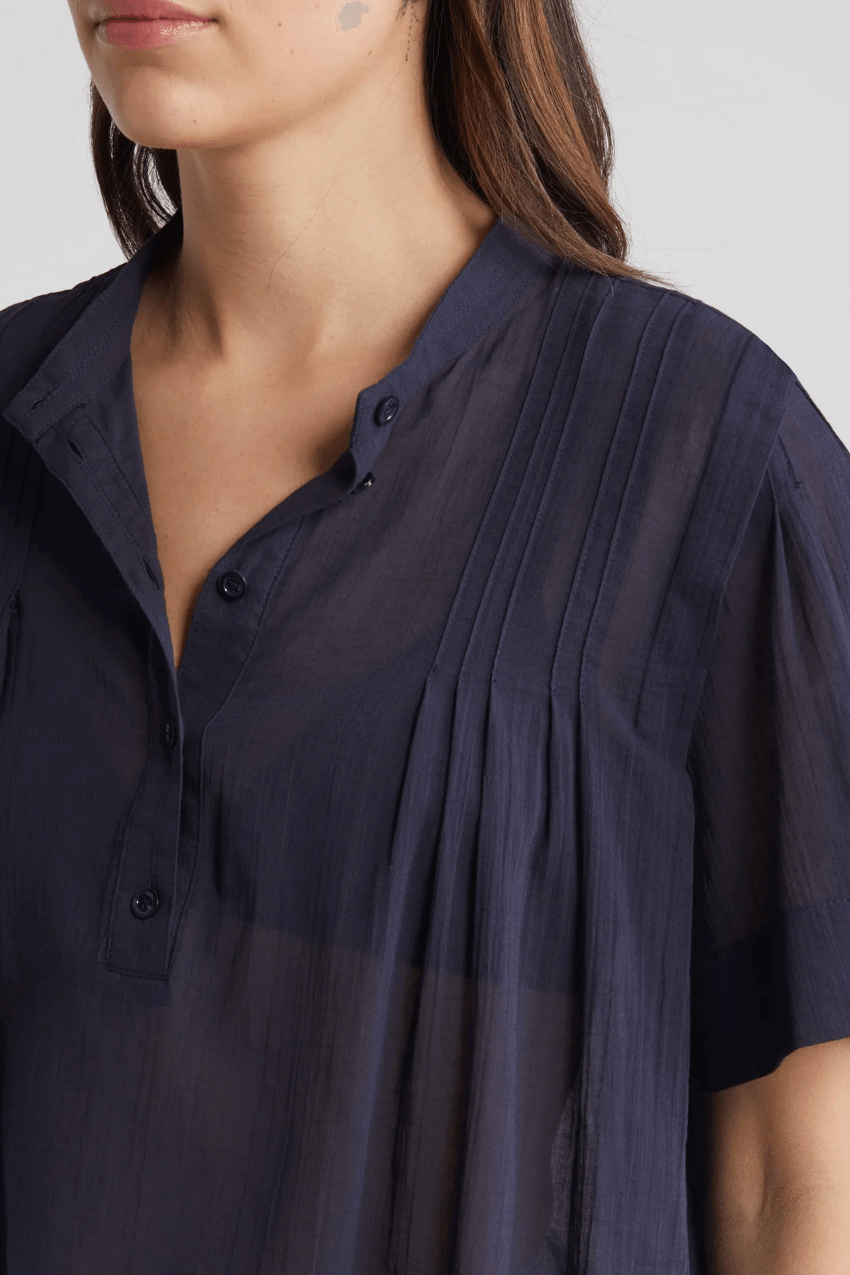 FRAME Pleated Button Up Blouse Navy