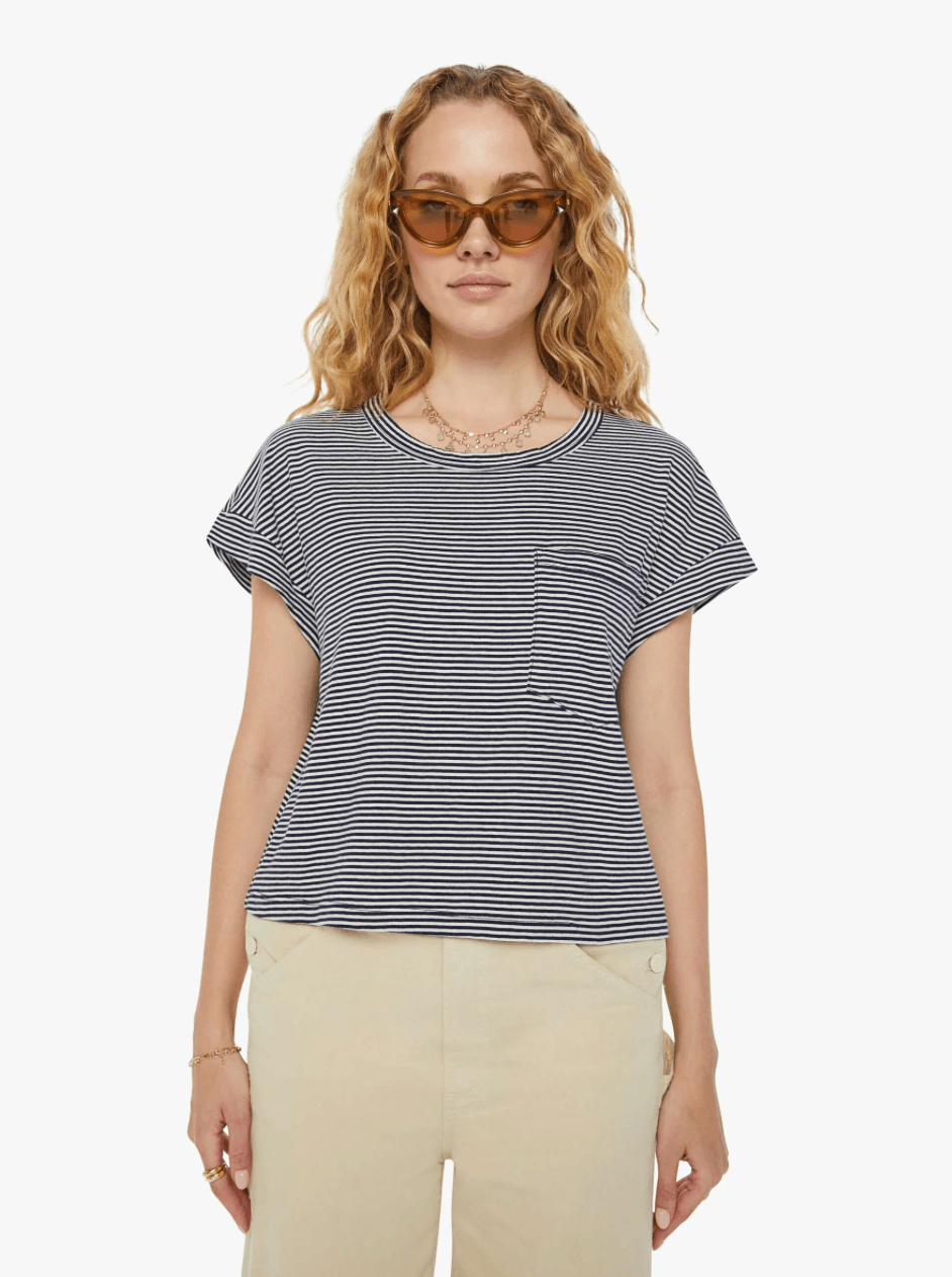 MOTHER The Keep on Rolling Pocket Tee Navy Stripe