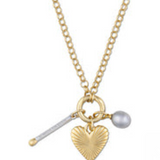 Percy Clip Necklace: Matchstick, Small Ribbed Heart of Gold, Gray Cloud Pearl