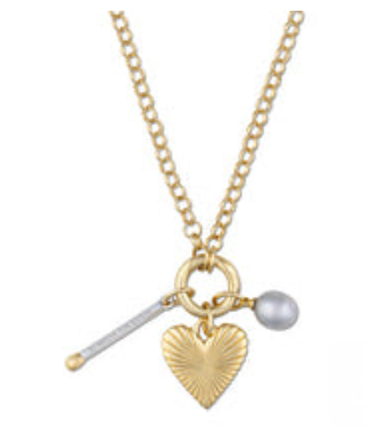 Percy Clip Necklace: Matchstick, Small Ribbed Heart of Gold, Gray Cloud Pearl