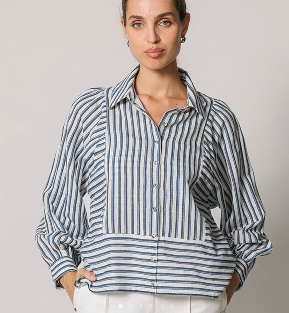 Isadora Striped Button Down Blouse Blue Multi