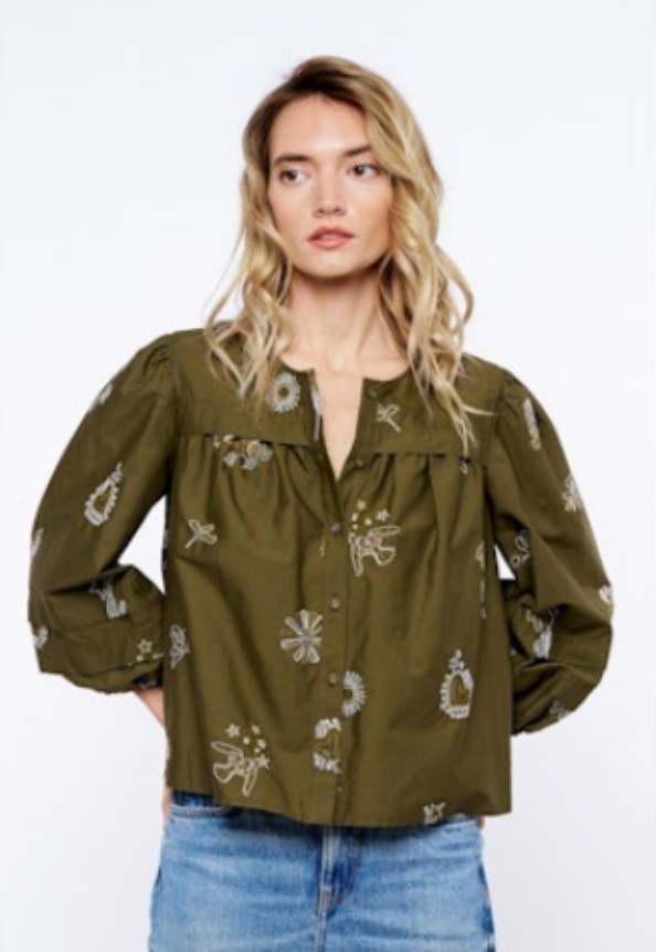 Liliane 3/4" Bubble Sleeve Buttondown Top Olive