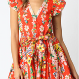 Orange Printed Belted Floral Mini Dres