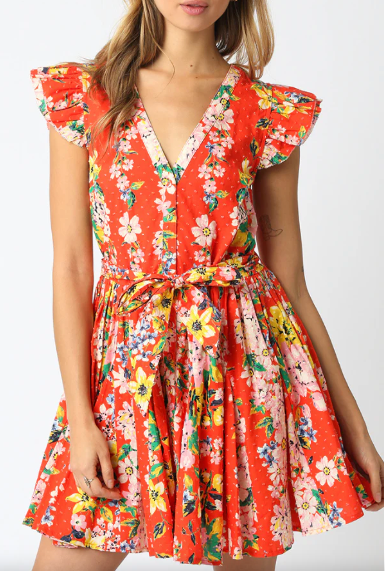 Orange Printed Belted Floral Mini Dres
