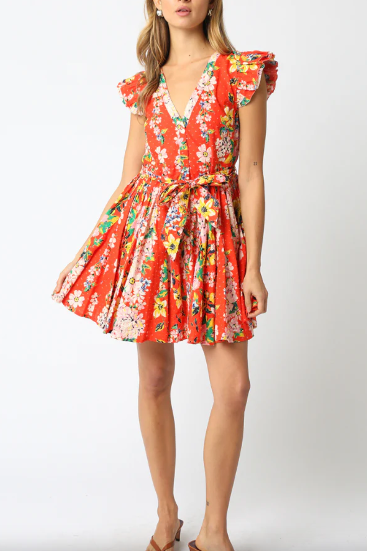 Orange Printed Belted Floral Mini Dres