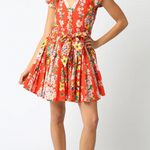 Orange Printed Belted Floral Mini Dres