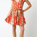 Orange Printed Belted Floral Mini Dres