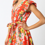 Orange Printed Belted Floral Mini Dres