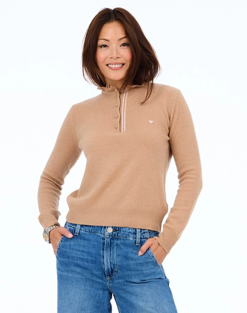 Femme Ruffle Henley Sweater Cashmere Camel