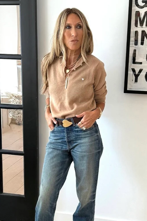 Femme Ruffle Henley Sweater Cashmere Camel