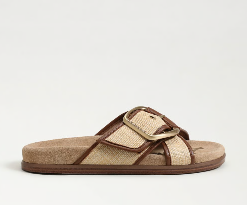 Darla Buckle Slide Sandal Bleached Beechwood Faux Raffia