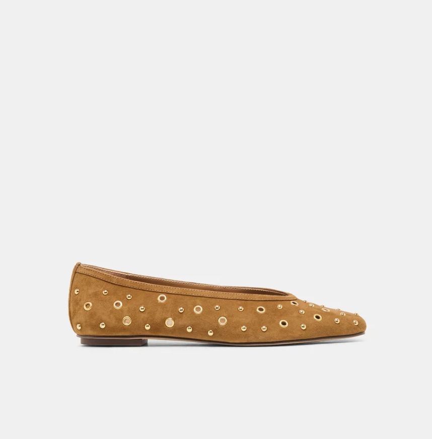 Caret Stud Flat Lt Brown Suede
