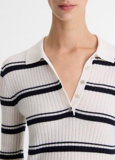 Silk Blend Stripe Polo Long Sleeve Off White/Coastal