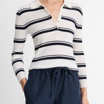Silk Blend Stripe Polo Long Sleeve Off White/Coastal