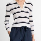 Silk Blend Stripe Polo Long Sleeve Off White/Coastal