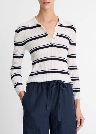 Silk Blend Stripe Polo Long Sleeve Off White/Coastal