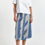 Ravenna Blue Splice Stripe Print Satin Twill Button Front Skirt