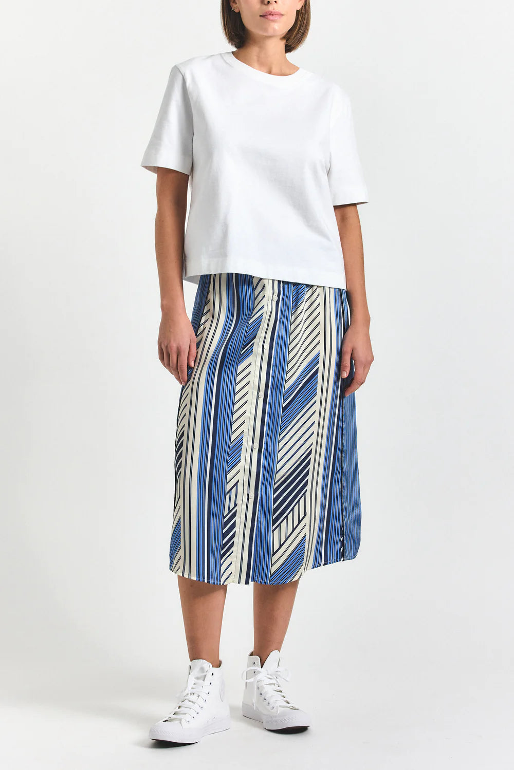 Ravenna Blue Splice Stripe Print Satin Twill Button Front Skirt