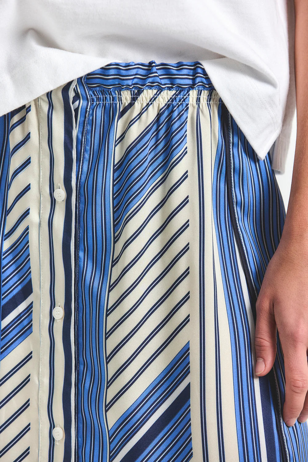 Ravenna Blue Splice Stripe Print Satin Twill Button Front Skirt