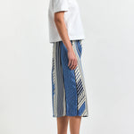 Ravenna Blue Splice Stripe Print Satin Twill Button Front Skirt