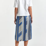Ravenna Blue Splice Stripe Print Satin Twill Button Front Skirt