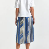 Ravenna Blue Splice Stripe Print Satin Twill Button Front Skirt