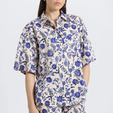 Keaton Printed Satin Stripe Split Sleeve Top French Blue Multi