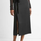 Velvet Trim Side Slit Midi Skirt