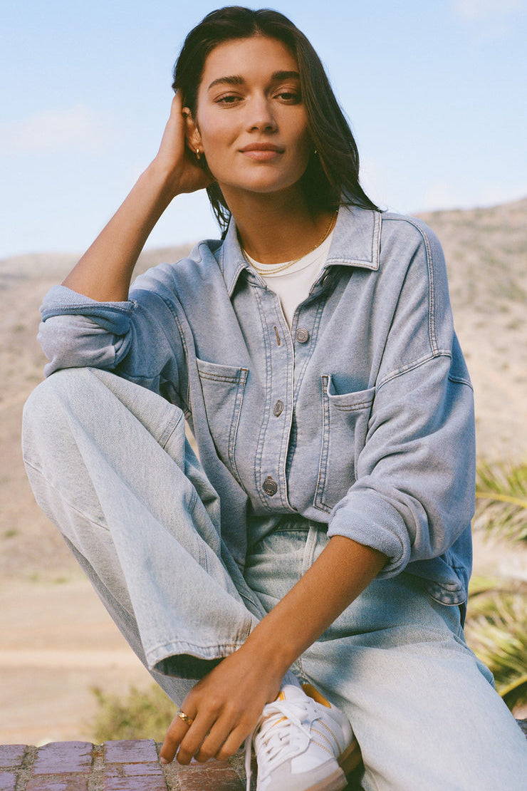 All Day Cropped Knit Denim Jacket Washed Indigo