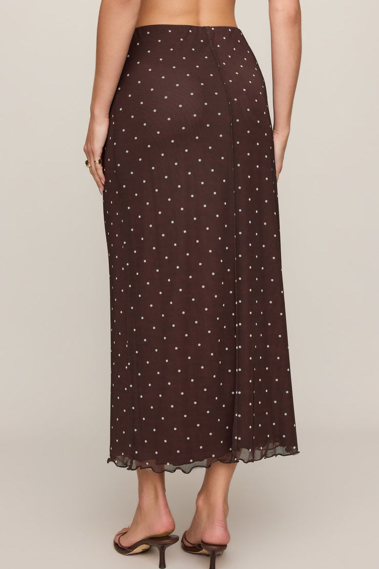 Eda Polka Dot Mesh Midi Skirt Dark Chocolate