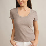 Sirena Short Sleeve Tee Scoop Neck Top Taupe