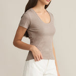Sirena Short Sleeve Tee Scoop Neck Top Taupe