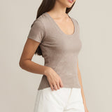 Sirena Short Sleeve Tee Scoop Neck Top Taupe