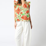 Natural Red Floral Flutter Top