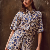 Keaton Printed Satin Stripe Split Sleeve Top French Blue Multi