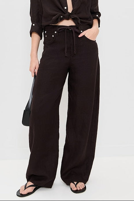 Brynn Drawstring Linen Trouser Chocolate Brown