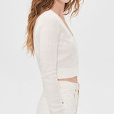 Linen Open Knit Cropped V-Neck Cardigan Off White