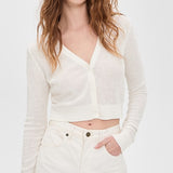 Linen Open Knit Cropped V-Neck Cardigan Off White