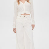 Linen Open Knit Cropped V-Neck Cardigan Off White
