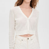 Linen Open Knit Cropped V-Neck Cardigan Off White