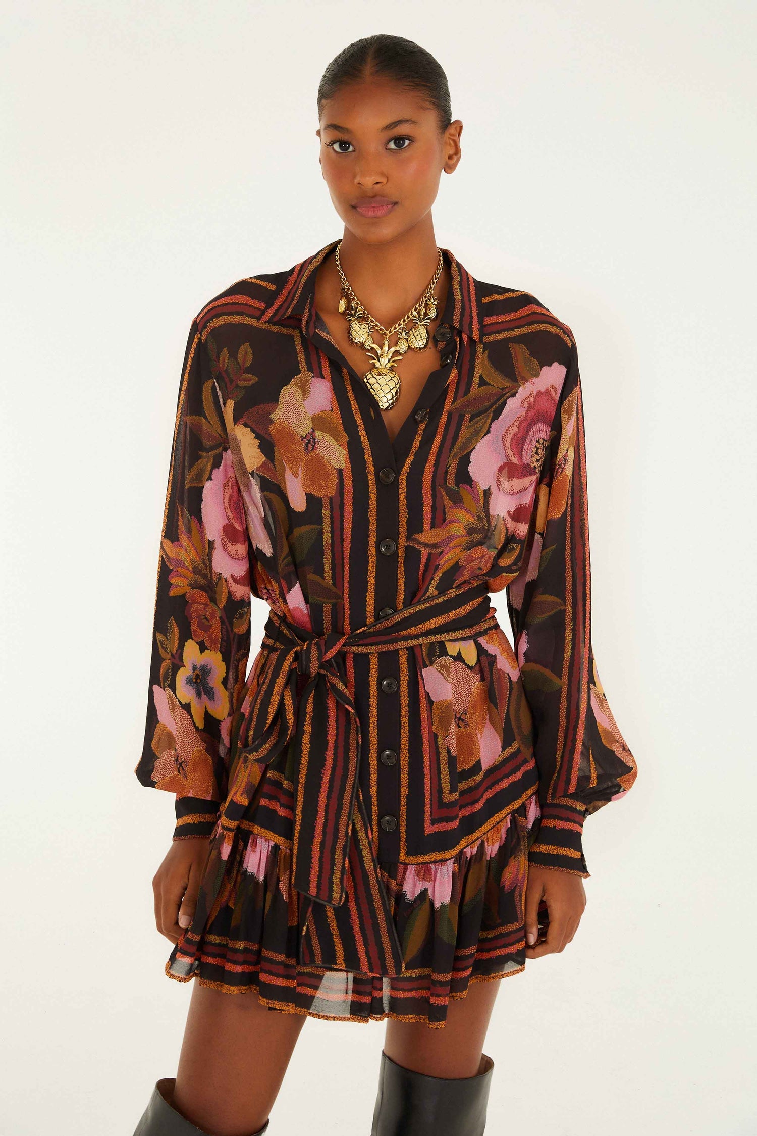 Chenille Flowers Black Mini Dress