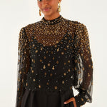 Embroidered Bubble Tulle Black Blouse